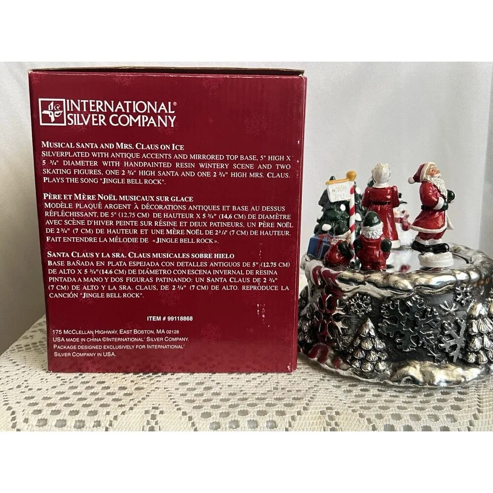 1990s International Silver Santa Mrs Claus On Ice Musical Music Box Christmas